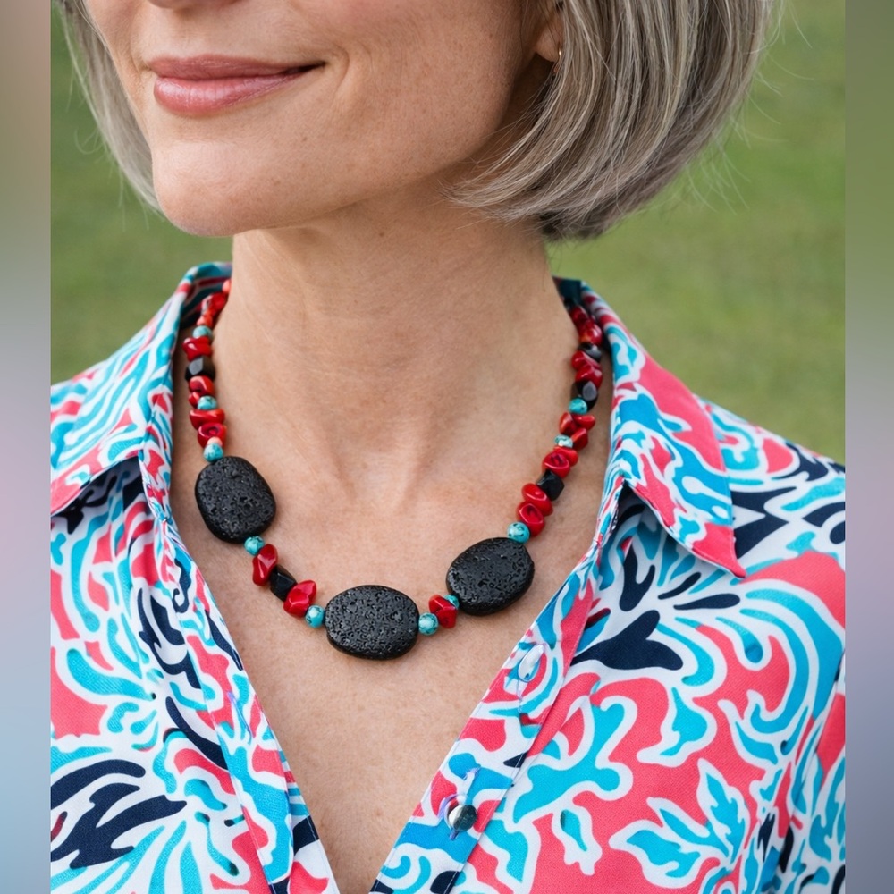 Lava Rock Coral Turquoise Beaded Necklace